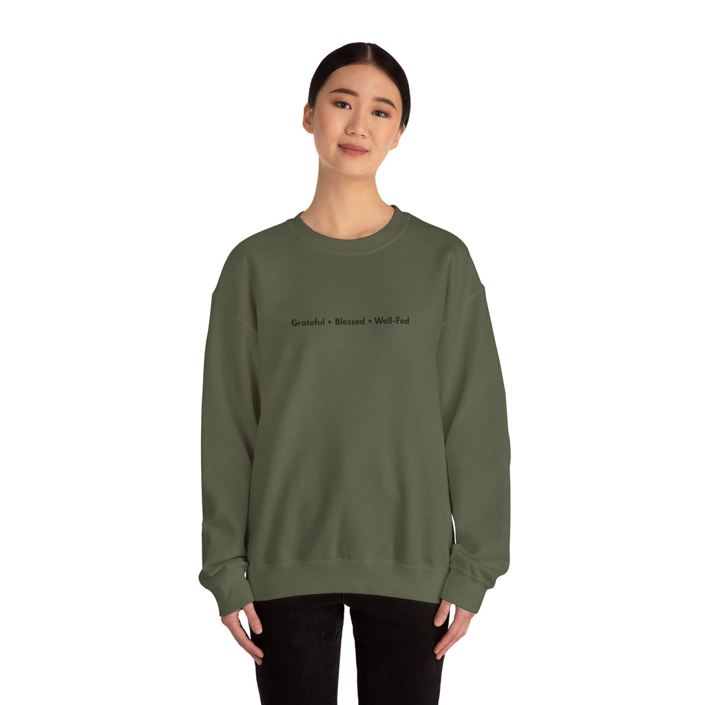 Grateful • Blessed • Well-Fed Crewneck Sweatshirt – Minimal Thanksgiving Sweater, Cozy Unisex Fall Pullover