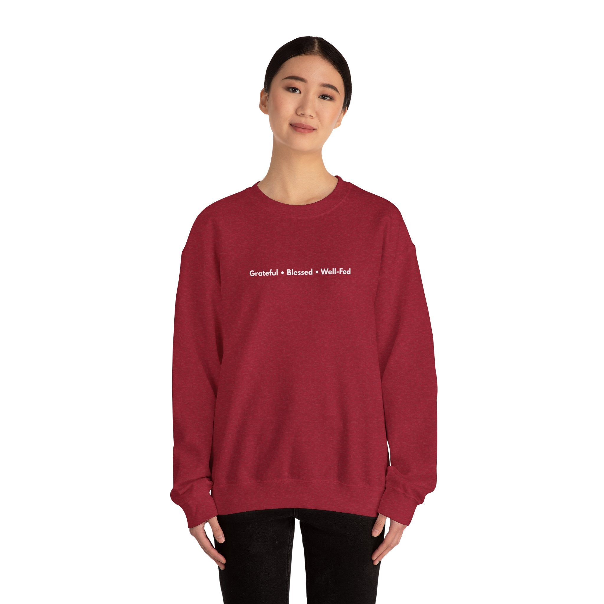 Grateful • Blessed • Well-Fed Crewneck Sweatshirt – Minimal Thanksgiving Sweater, Cozy Unisex Fall Pullover