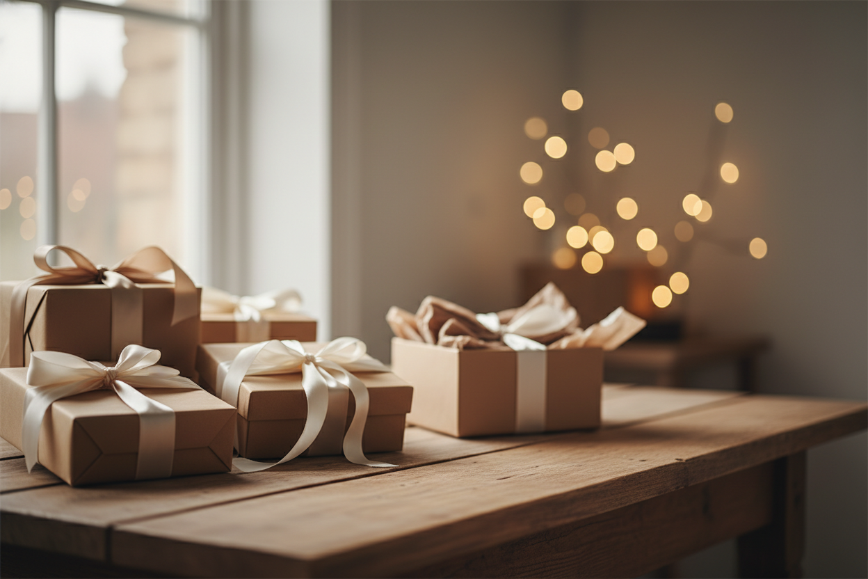 wide hero banner for an online gift store called “Double Joy Gifts”, warm cozy lifestyle scene with beautifully wrapped presents and gift boxes on a wooden table, neutral beige and soft brown color palette, satin ribbons and subtle fairy lights bokeh in the background, soft natural window light, shallow depth of field, elegant and minimal, plenty of empty blurred space on the right side for overlay text, no people, no text, high resolution, 16:9 aspect ratio, editorial photography style